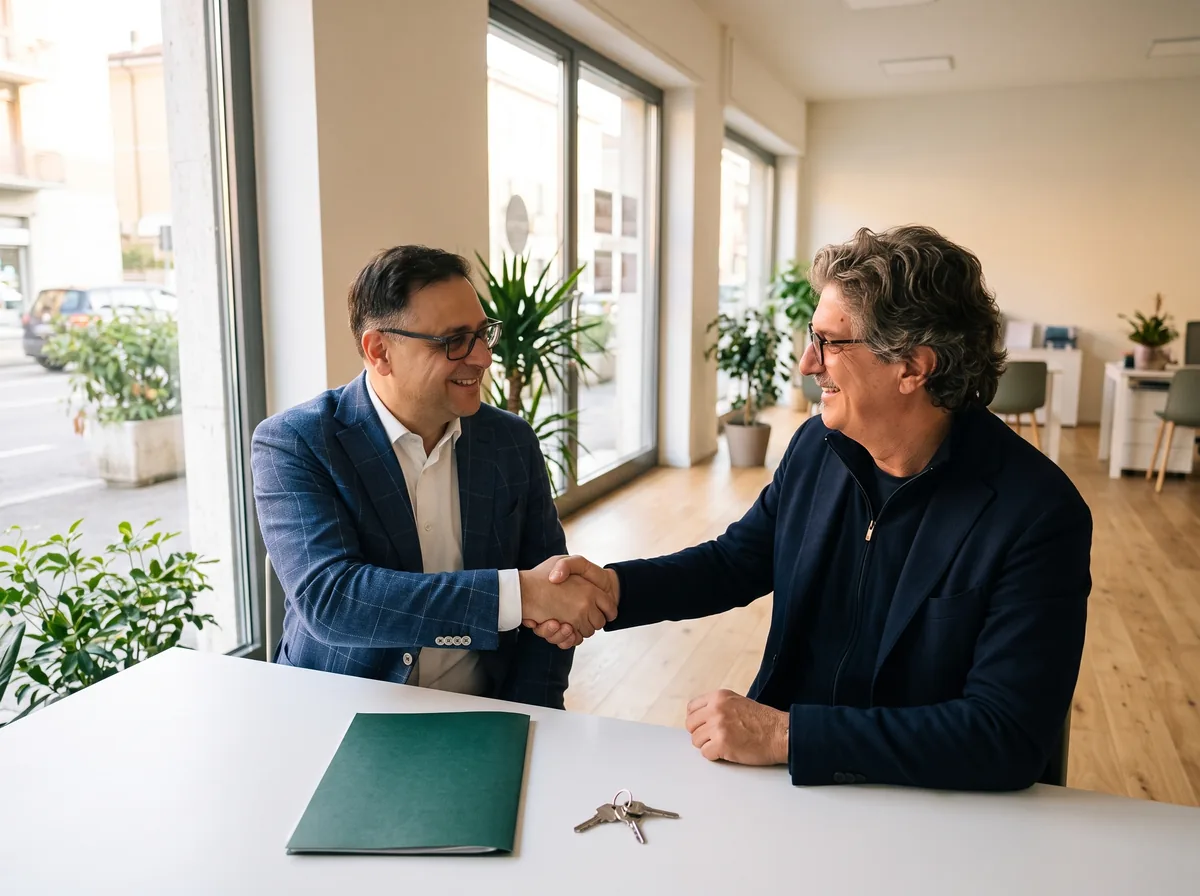 Due agenti del circuito RE POINT Group si stringono la mano dopo una vendita condivisa